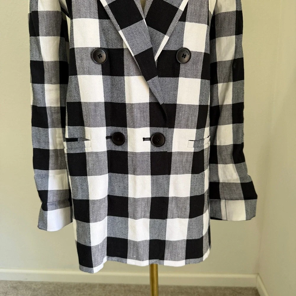 Kate Spade Gingham Linen Blend Double Breasted Blazer 2 Preppy Tailored Black